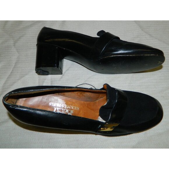 Hermès Paris Vintage Black Leather & Suede Block Heel Loafers Gold "H" Hardware - Picture 14 of 16